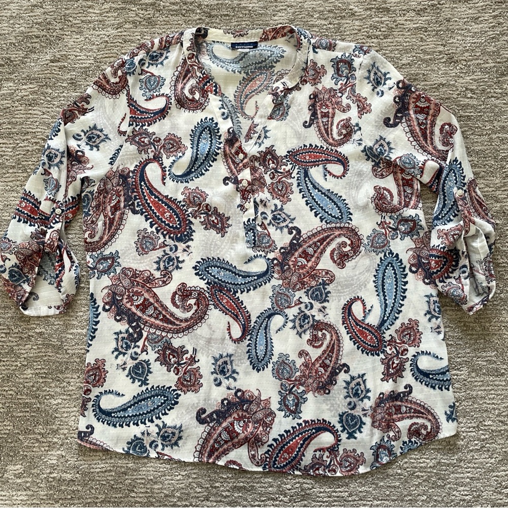 Basic Editions Paisley Womens Shirt Top Blouse Size Large V Neck Lightweight
